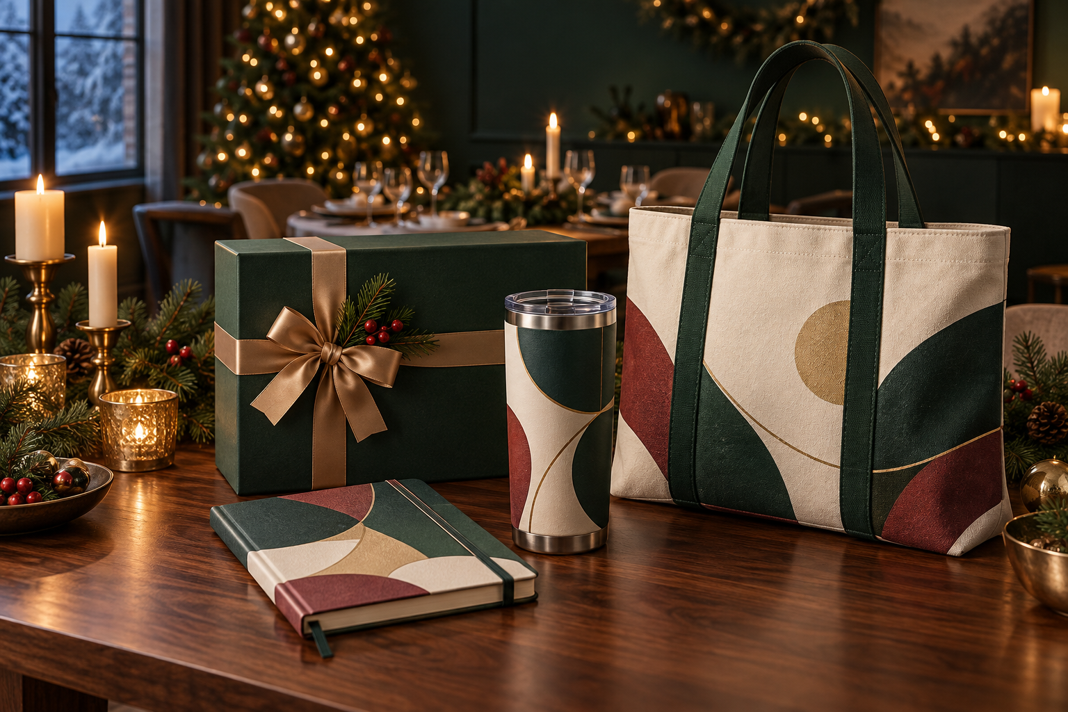 Holiday-ready tote, insulated tumbler and notebook arranged for a seasonal campaign